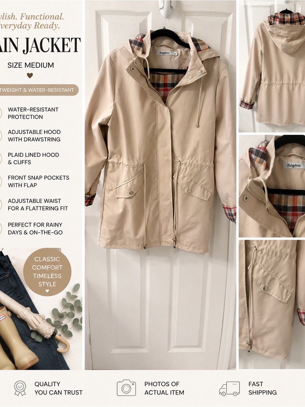 Beige Utility Rain Jacket with Plaid Lined Hood -